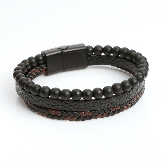 Stylish Men's Leather Bracelet with Obsidian Magnetic Clasp: Elevate Your Look