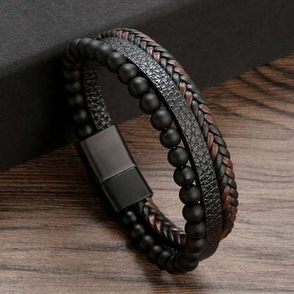 Stylish Men's Leather Bracelet with Obsidian Magnetic Clasp: Elevate Your Look