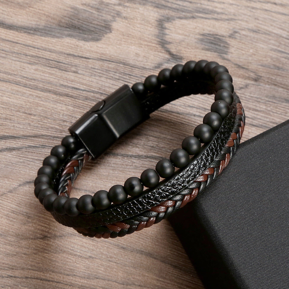 Stylish Men's Leather Bracelet with Obsidian Magnetic Clasp: Elevate Your Look