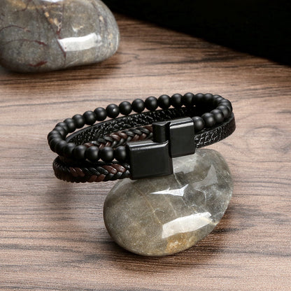 Stylish Men's Leather Bracelet with Obsidian Magnetic Clasp: Elevate Your Look